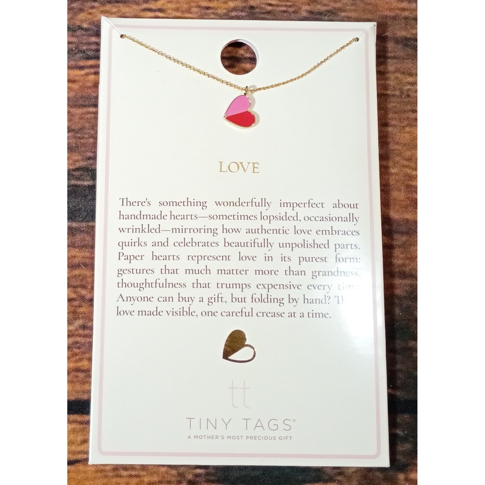 Tiny Tags Love Heart Necklace 14k Gold Ion Plating Pink Red Two Tone Enamel 16in